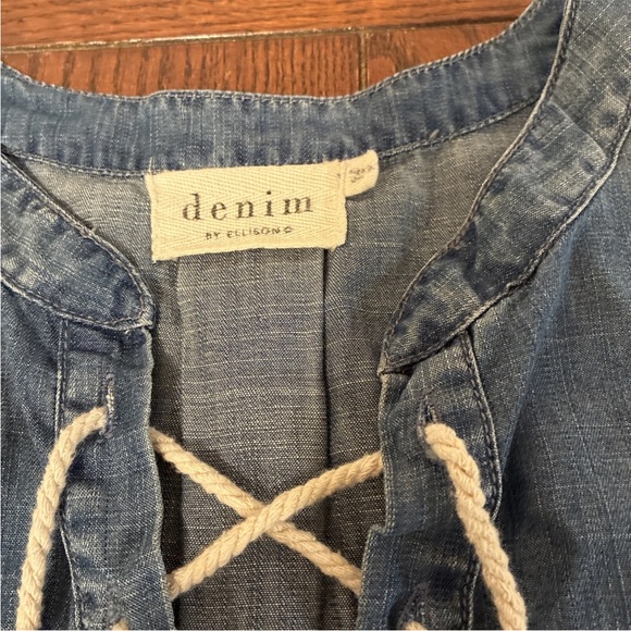 Denim by Ellison Hi Low 3/4 Sleeve Lace Up Pullover Blouse Size S 100% Tencel - Picture 2 of 8